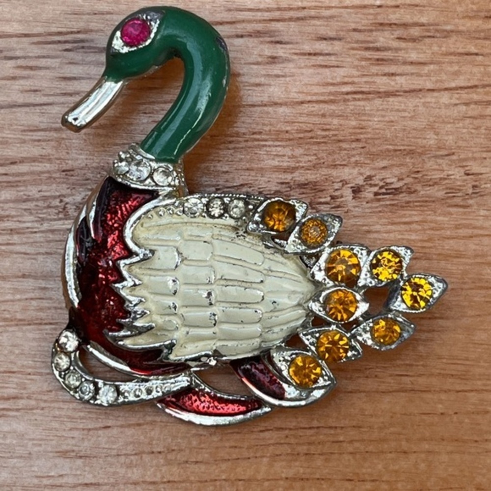 Mallard Duck Gold Tone Rhinestone Enamel Brooch